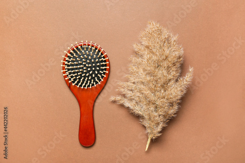 Hair brush and floral decor on color background