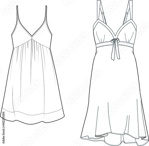 Chemise dress sleepwear pajama technical fashion illustration.