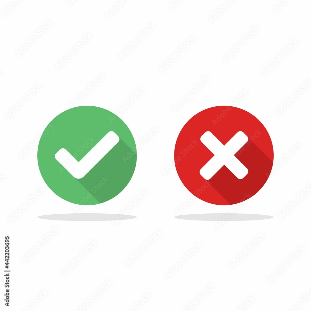 Check and wrong marks, Tick and cross marks, Accepted/Rejected, Approved/Disapproved, Yes/No, Right/Wrong, Green/Red, Correct/False, Ok/Not Ok - vector mark symbols in green and red. Isolated icon. Check and wrong marks, Tick and cross marks, Accepted/Rejected, Approved/Disapproved, Yes/No, Right/Wrong, Green/Red, Correct/False, Ok/Not Ok - vector mark symbols in green and red. Isolated icon.