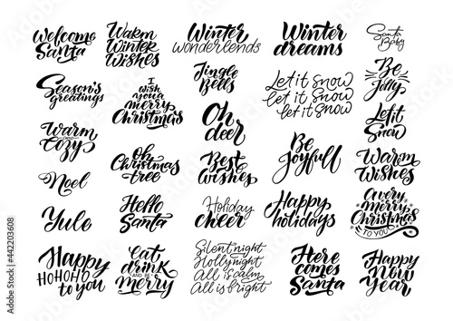 Big set with christmas holiday lettering and calligraphy, vector illustration isolated on a white background.