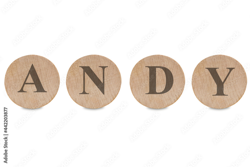 Andy word written on wood block isolated in white. Andy text on wooden block for your desing, concept. Andy name Andy word written on wood block isolated in white. Andy text on wooden block for your desing, concept. Andy name