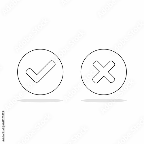 Check and wrong marks, Tick and cross marks, Accepted/Rejected, Approved/Disapproved, Yes/No, Right/Wrong, Green/Red, Correct/False, Ok/Not Ok - vector mark symbols. Black outline design. Isolated ico