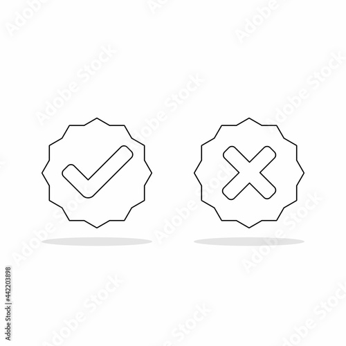 Check and wrong marks, Tick and cross marks, Accepted/Rejected, Approved/Disapproved, Yes/No, Right/Wrong, Green/Red, Correct/False, Ok/Not Ok - vector mark symbols. Black outline design. Isolated ico