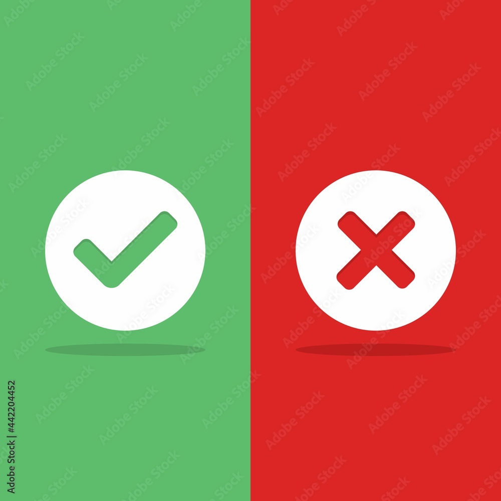 Check and wrong marks, Tick and cross marks, Accepted/Rejected, Approved/Disapproved, Yes/No, Right/Wrong, Green/Red, Correct/False, Ok/Not Ok - vector mark symbols in green and red. Isolated icon. Check and wrong marks, Tick and cross marks, Accepted/Rejected, Approved/Disapproved, Yes/No, Right/Wrong, Green/Red, Correct/False, Ok/Not Ok - vector mark symbols in green and red. Isolated icon.
