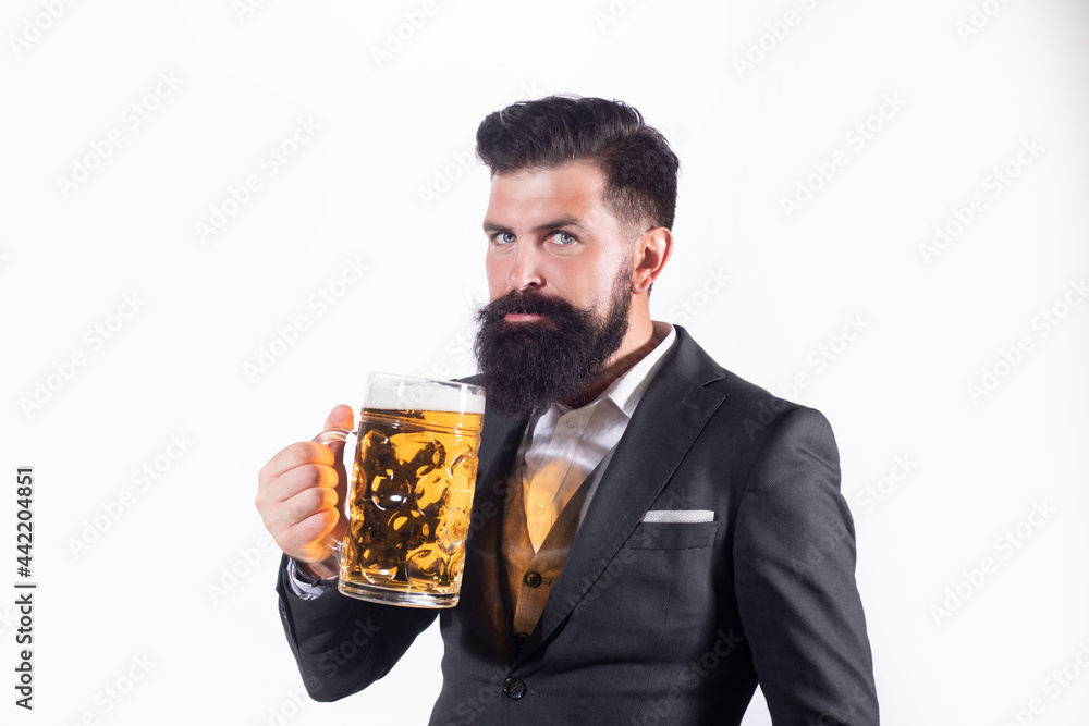 Man or businessman drinks beer on white background. Man or businessman drinks beer on white background.