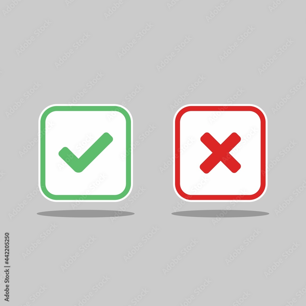 Check and wrong marks, Tick and cross marks, Accepted/Rejected, Approved/Disapproved, Yes/No, Right/Wrong, Green/Red, Correct/False, Ok/Not Ok - vector mark symbols in green and red. Isolated icon. Check and wrong marks, Tick and cross marks, Accepted/Rejected, Approved/Disapproved, Yes/No, Right/Wrong, Green/Red, Correct/False, Ok/Not Ok - vector mark symbols in green and red. Isolated icon.