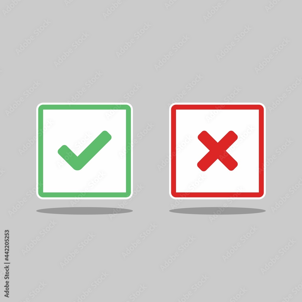 Check and wrong marks, Tick and cross marks, Accepted/Rejected, Approved/Disapproved, Yes/No, Right/Wrong, Green/Red, Correct/False, Ok/Not Ok - vector mark symbols in green and red. Isolated icon. Check and wrong marks, Tick and cross marks, Accepted/Rejected, Approved/Disapproved, Yes/No, Right/Wrong, Green/Red, Correct/False, Ok/Not Ok - vector mark symbols in green and red. Isolated icon.