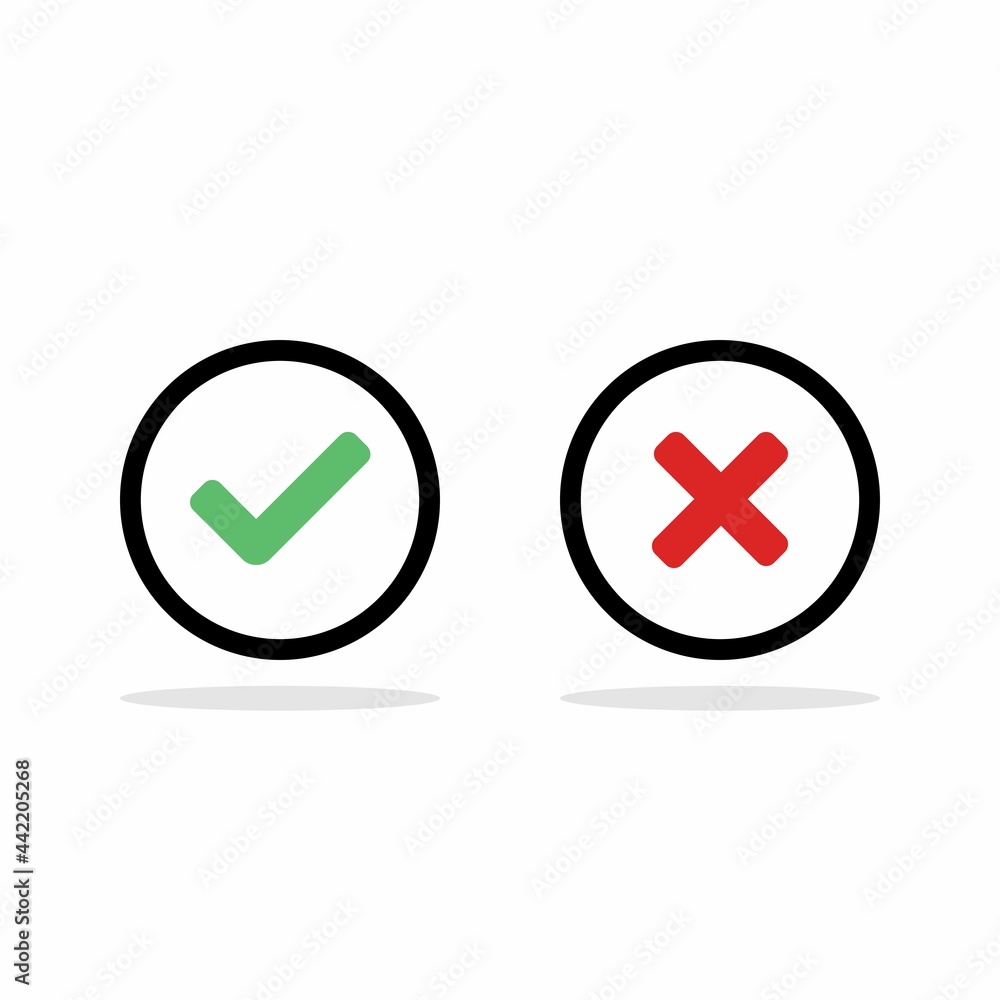 Check and wrong marks, Tick and cross marks, Accepted/Rejected, Approved/Disapproved, Yes/No, Right/Wrong, Green/Red, Correct/False, Ok/Not Ok - vector mark symbols in green and red. Isolated icon. Check and wrong marks, Tick and cross marks, Accepted/Rejected, Approved/Disapproved, Yes/No, Right/Wrong, Green/Red, Correct/False, Ok/Not Ok - vector mark symbols in green and red. Isolated icon.