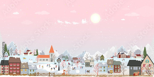 Winter wonderland landscape background at night with people having fun in the city on new year,Christmas day in village with people celebration, kids playing ice skate, teenager skiing on mountain