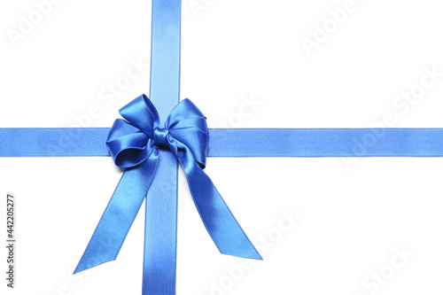 Blue ribbons with bow on color background