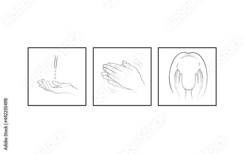 Face oil, serum or cream application method manual icons. Vector illustration. Graphic symbol. dropper hands