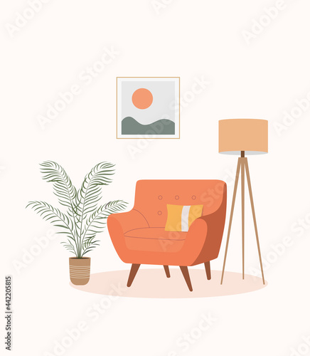 Comfortable chair, lamp and house plants. Scandinavian interior. Vector flat cartoon illustration