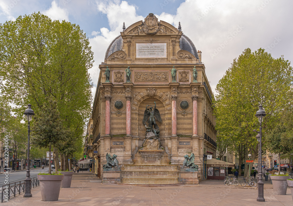 Paris, France - 05 02 2021: Latin quarter. Saint-Michel fountain, struggle of good against evil.