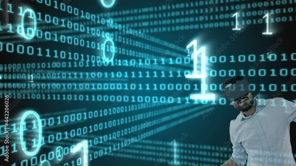 Binary coding data processing over caucasian man wearing vr headset against black background Binary coding data processing over caucasian man wearing vr headset against black background