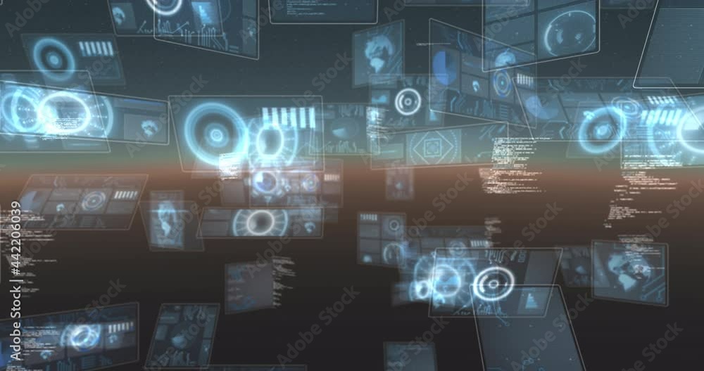 Animation of green loading strip over screens with data processing Animation of green loading strip over screens with data processing