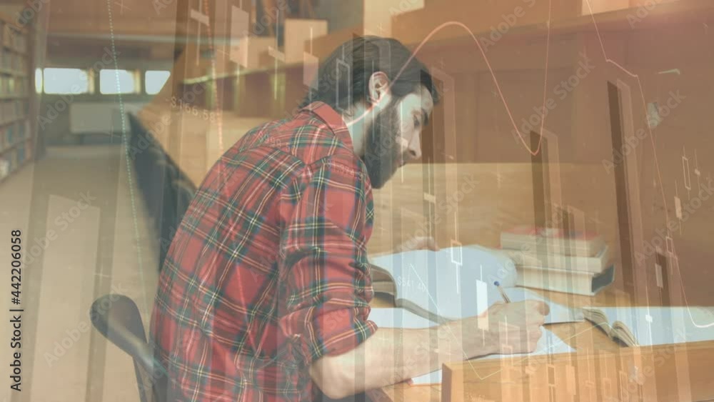 Animation of statistics and data processing over male student studying Animation of statistics and data processing over male student studying