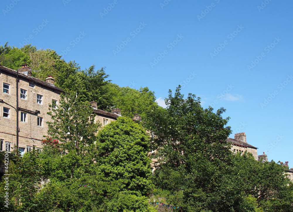 a row of traditional tall houses on a hillside surrounded by trees in summer in hebden bridge west yorkshire a row of traditional tall houses on a hillside surrounded by trees in summer in hebden bridge west yorkshire