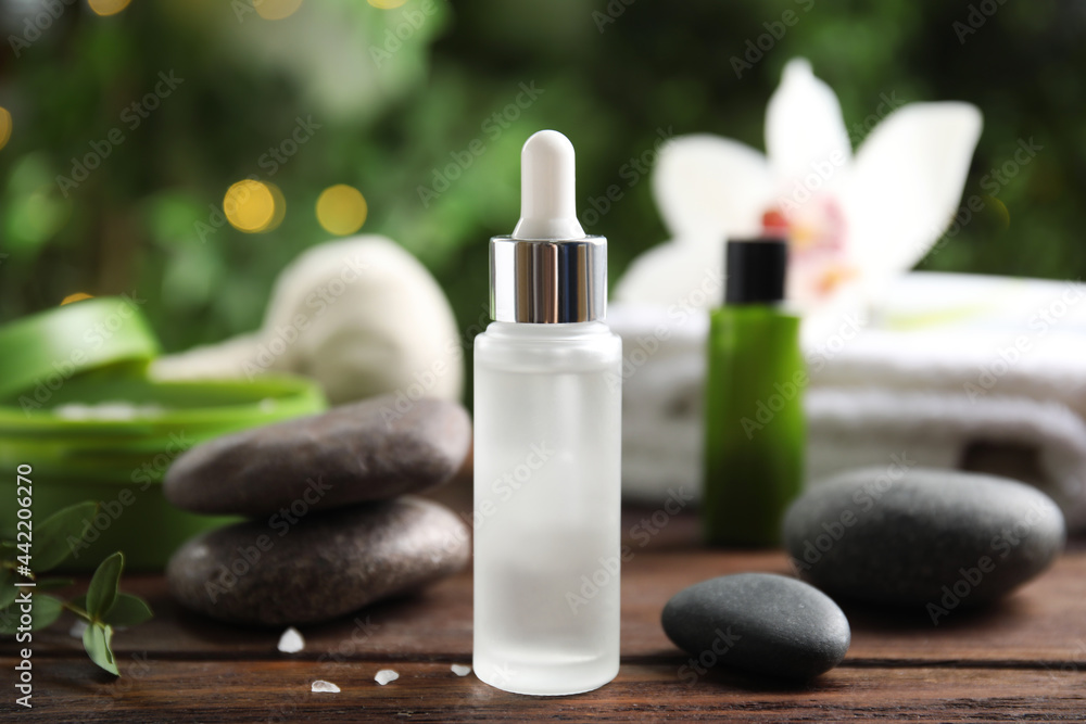 Composition with spa cosmetic on wooden table, closeup Composition with spa cosmetic on wooden table, closeup