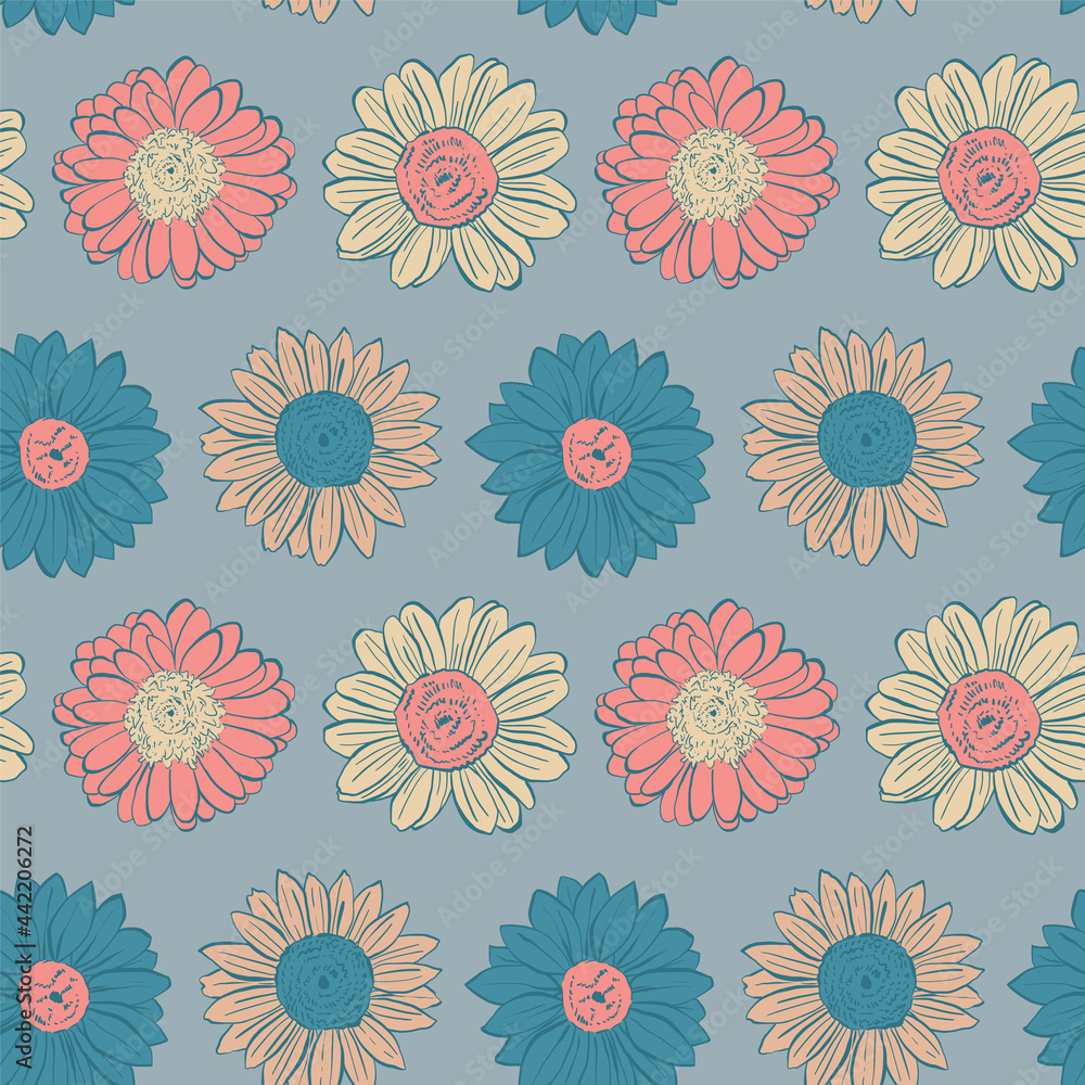 Fototapeta premium Colorful Seamless Vector Pattern with Hand drawn flowers - for fabrics, clothing, holidays, packaging paper, decoration.