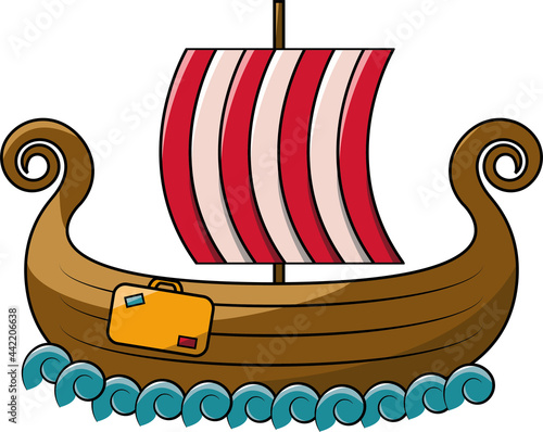 An isolated wooden drakkar with yellow suitcase.