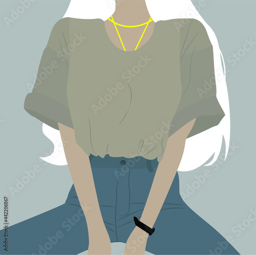 White-haired girl in a gray T-shirt and blue jeans. Modern flat illustration. Vector image for cards, posters, backgrounds, templates, textiles, avatars, menus, cartoons.