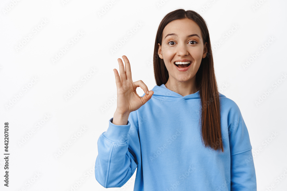Excited brunette girl shows okay, zero OK sign and smiling amused, agree with you, like and approve, praise great thing, standing against white background Excited brunette girl shows okay, zero OK sign and smiling amused, agree with you, like and approve, praise great thing, standing against white background