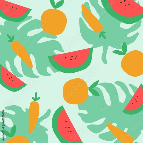 modern abstract tropical fruit and tropical leaf pattern background