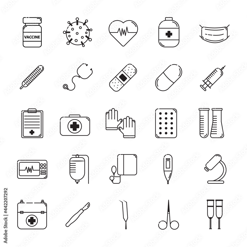 Medicine and Health Vector icons. The black line separates the set from the white ground. Medicine and Health Vector icons. The black line separates the set from the white ground.