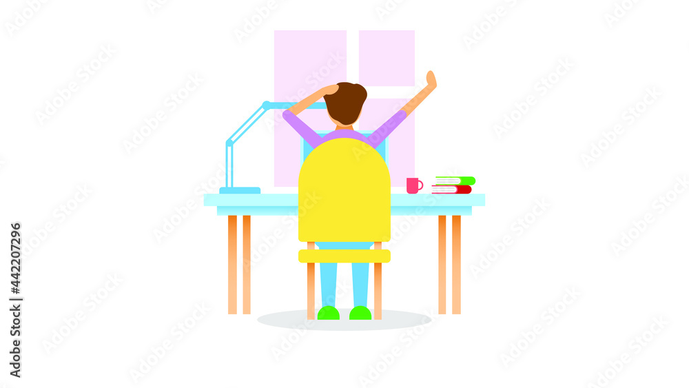 Abstract Flat Man Working From Home Freelance With Laptop NoteBook Computer Cartoon People Character Concept Illustration Vector Design Style With Lamp Book Cup Window Abstract Flat Man Working From Home Freelance With Laptop NoteBook Computer Cartoon People Character Concept Illustration Vector Design Style With Lamp Book Cup Window
