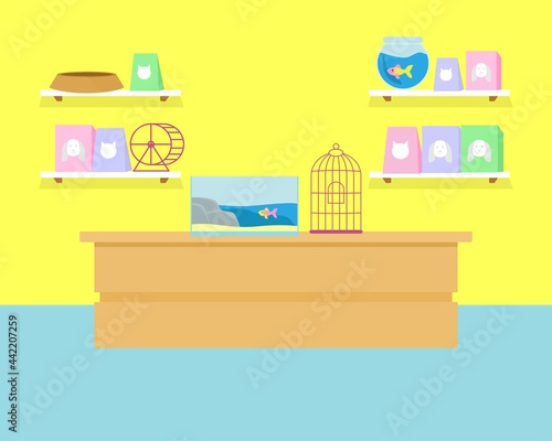 pet shop interior illustration background with pet food bowl aquarium element