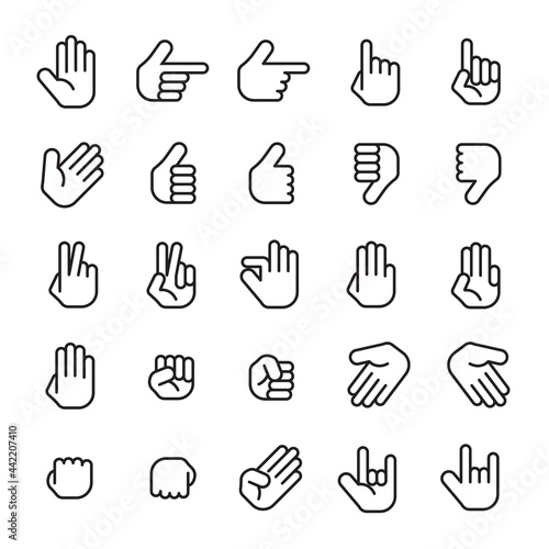 Hands collection line icon. Hand counting and hand gesture icon such as like, love, fist, thin line. black line isolated on white background