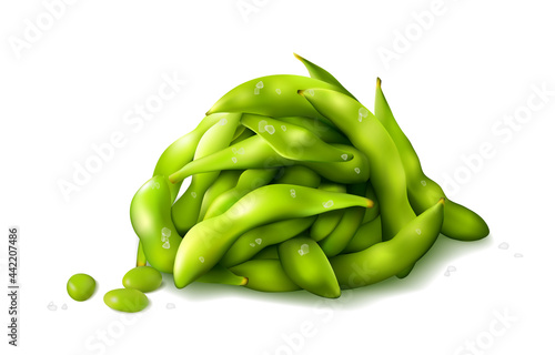 Edamae beans pile realistic vector illustration. Closeup Soia lobio coocked with sea salt, Eating Japanese Food, edamame appetiser ready-to-eat. Boiled Green Soy Beans isolated on white Separate peas photo
