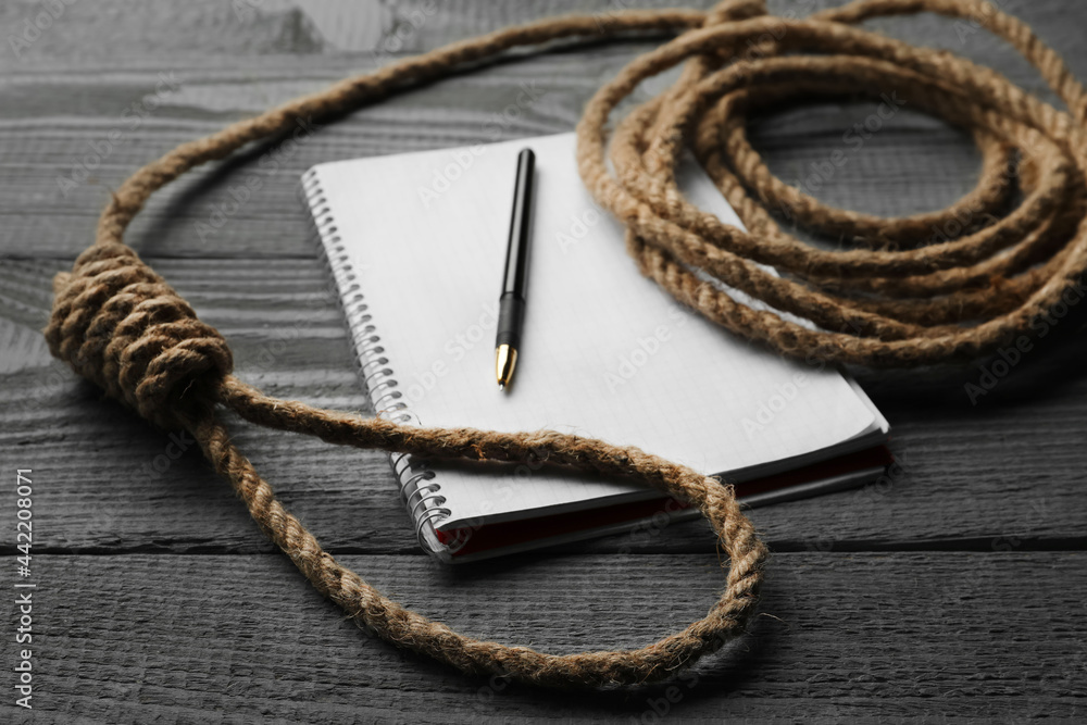 Rope noose and blank notebook with pen on grey wooden table, closeup