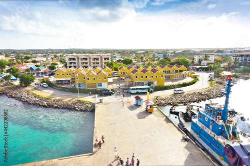 Kraledijk capital town of Bonaire, Dutch Antilles, Caribbean Sea, as seen from a cruise liner ship: as flat as a pancake
