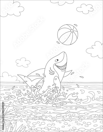 Funny great white shark jumping out of water and playing a big colorful ball on a summer sea beach, black and white outline vector cartoon illustration for a coloring book page