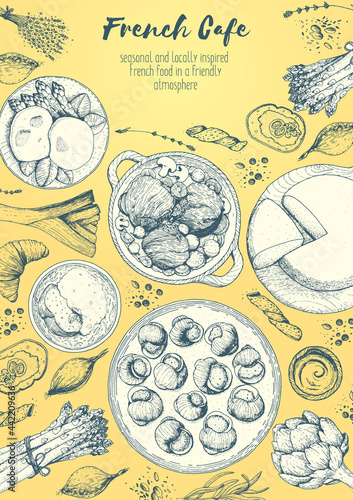 French cuisine top view frame. A set of classic French dishes with bakery, beef bourguignon, escargot, poached eggs, onion soup. Food menu design template. Hand drawn sketch vector illustration.