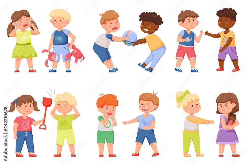 Kid bad behavior. Kids fighting over toys, pushing each other. Brother bullying sister. Aggressive naughty children behaving badly vector set. Offending boys and girls in kindergarten Kid bad behavior. Kids fighting over toys, pushing each other. Brother bullying sister. Aggressive naughty children behaving badly vector set. Offending boys and girls in kindergarten