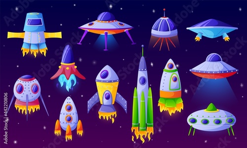 Cartoon alien spaceship. Fantasy ufo spacecraft, futuristic space shuttle or aircraft. Funny colorful rockets for kids game design vector set. Fantastic cosmic transportation or vehicle