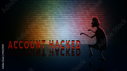 Account hacked concept with silhouette of thief on dark digital mirror background. Horizontal vector illustration.