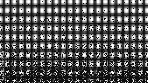 Fragmented matrix white blocks falling down on black background. It looks like a disk defragmenter or a tetris game. Horizontal vector background.