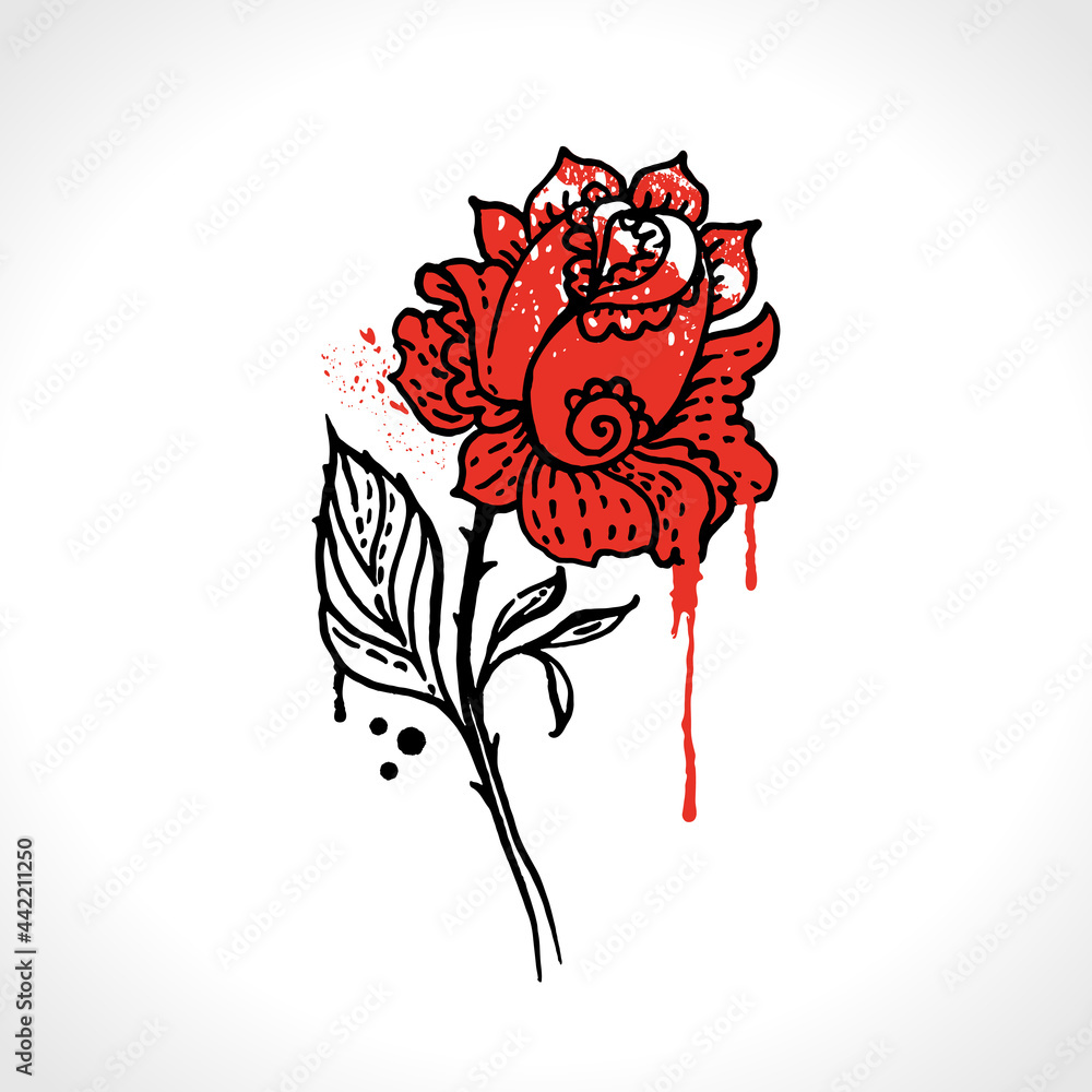 Red Rose tattoo. Black ink drawn sketch of a blooming rose for a tattoo. Vector old school style pattern. Stock Vector