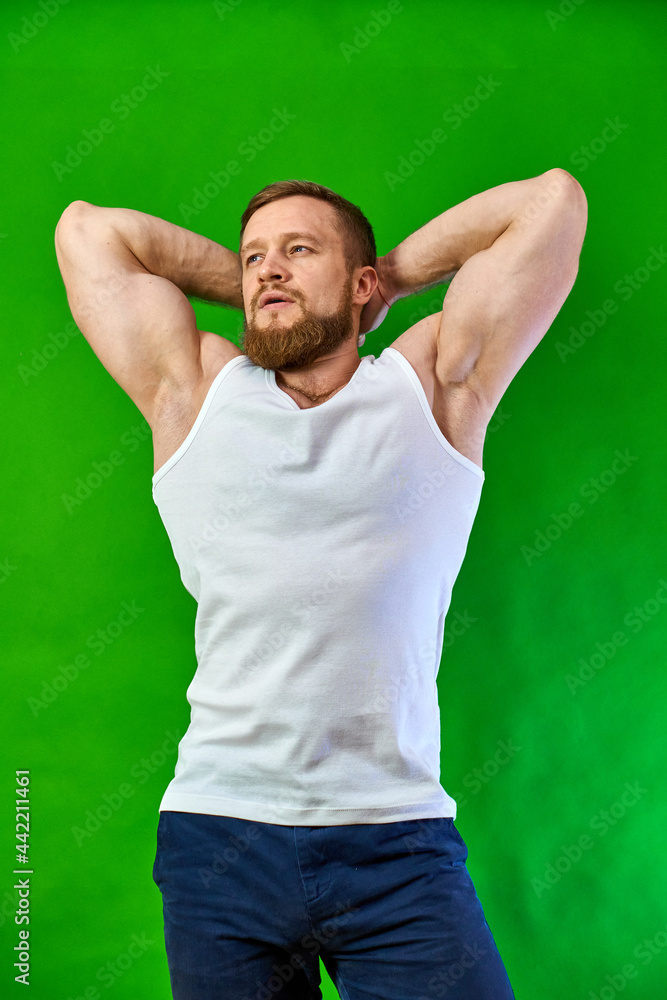 Office plankton goes in for sports. Caucasian shows the muscles in the shirt. Office plankton goes in for sports. Caucasian shows the muscles in the shirt.