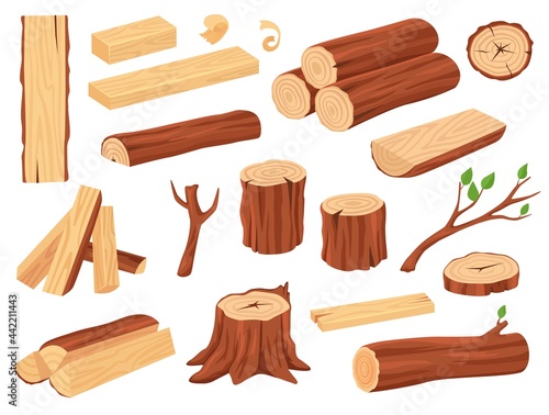 Cartoon wood log. Tree trunks, stumps, planks, piled firewood, branches with leaves. Hardwood timber materials for lumber industry vector set. Wood craft or industry isolated elements