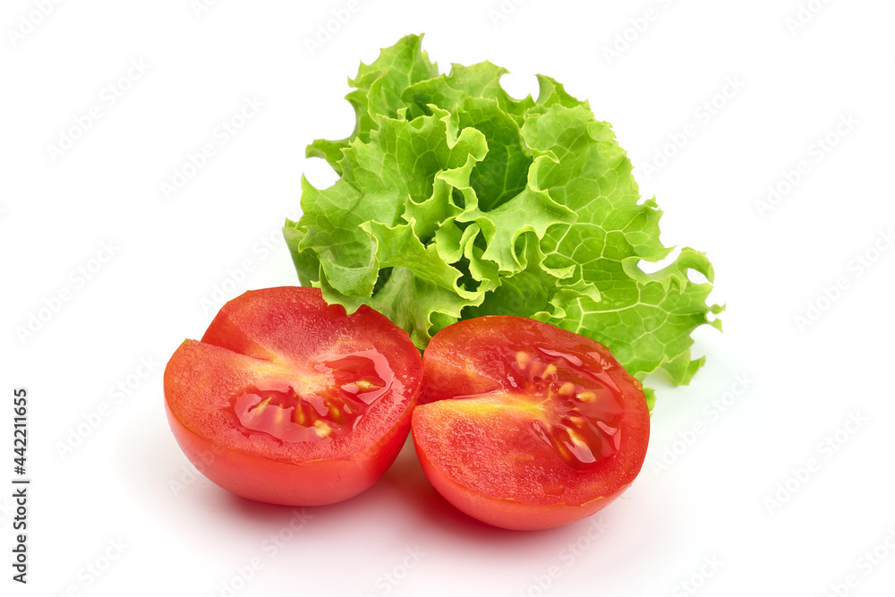 Lettuce with cherry tomatoes, isolated on white background. High resolution image. Lettuce with cherry tomatoes, isolated on white background. High resolution image.