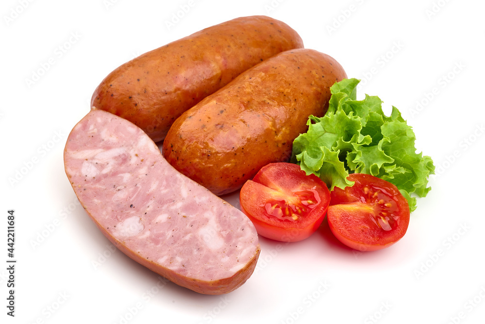 BBQ pork sausages, isolated on white background. High resolution image.