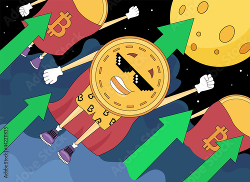 Bitcoin going to the moon. Doodle illustration of crypto bitcoin with thug glasses and green arrow. Price rising banner for bitcoin news. Trendy fun illustration of moon and rich super hero bitcoin