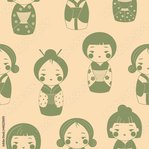 Kokeshi dolls seamless pattern. Japanese dolls endless background for paper, wrapping, fabric, textile, decoration. Kokeshi dolls from japan seamless print pattern for souvenirs and gifts. Vector.