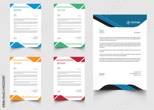 Letter Head Design, Business latter head Pad Design. abstract creative letterhead design set a4 size and unique shape colorful design corporate company blue, orange, red, green color letterhead.
