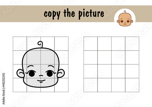 Children s mini-game on paper Baby s face . Copy the picture of the child using the grid lines, a simple game for toddlers with an easy level of play, drawing for children.