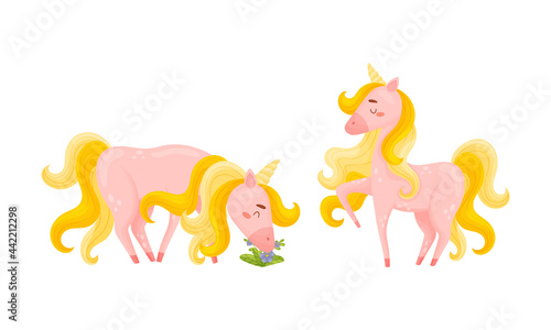 Pink Unicorn with Slender Legs and Golden Mane Vector Set